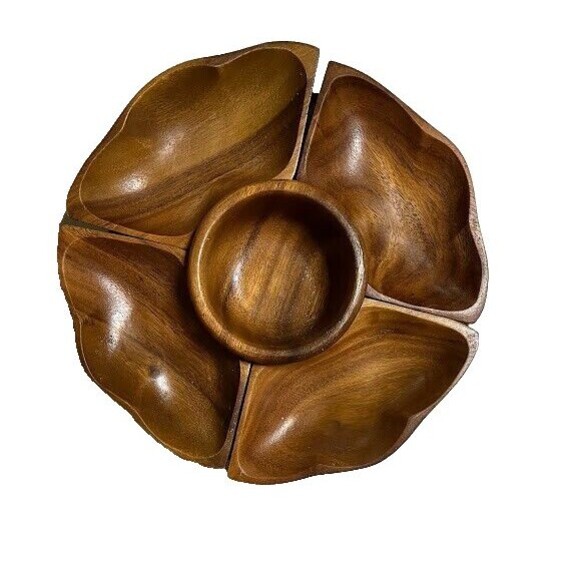 Vintage Monkey Pod Wood Lazy Susan 6pc Condiment Server MCM Removable Bowls - Picture 1 of 4